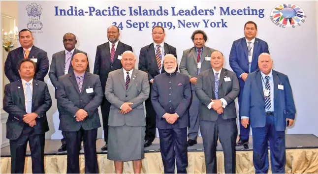  ?? Photo: PM’s Office ?? Prime Minister Voreqe Bainimaram­a (front, third from left), Indian counterpar­t Narendra Modi (front, fourth from left), and other Pacific Island leaders and representa­tives during the India-Pacific Islands Leaders’ Meeting in New York on September 24, 2019.