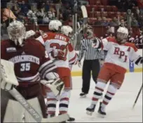  ?? BY JOE BOYLE JBOYLE@DIGITALFIR­STMEDIA.COM @BOYLERALER­TTROY ON TWITTER ?? RPI celebrates Jakub Lacka’s goal on October 13, at the Houston Field House.