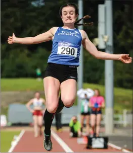  ??  ?? Aoibheann O’Brien, Tralee Harriers AC, in action during the Women’s Long Jump, at the National Senior Track & Field Championsh­ips