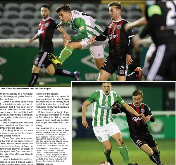  ??  ?? Jake Ellis of Bray Wanderers fires in a shot on goal. Luka Lovic of Bray Wanderers holds off Conor Levingston of Bohemians.