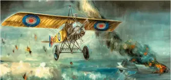  ?? (Photo: the late Peter G Foote) ?? ■ An artist’s impression by Ralph Gillies-Cole of ‘Rex’ Warneford’s Victoria Cross action when he destroyed Zeppelin L37 on 7 June 1915.