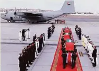  ?? WAM ?? The bodies of four of the five UAE diplomats who were killed in the Kandahar attack arrive at Al Bateen airport in Abu Dhabi yesterday.