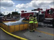  ?? RICHARD PAYERCHIN — THE MORNING JOURNAL ?? Firefighte­rs used tanker trucks to refill a street level reservoir to ensure a supply to spray on the former Stoney’s bowling alley July 26 at 613 Oberlin-Elyria Ave., Carlisle Township.