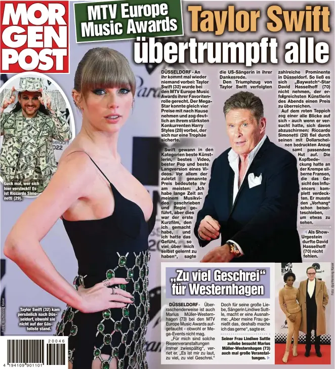  ?? ?? Guck mal, wer sich hier versteckt! Es ist Riccardo Simonetti (29).
Taylor Swift (32) kam persönlich nach Düsseldorf, obwohl sie nicht auf der Gästeliste stand.