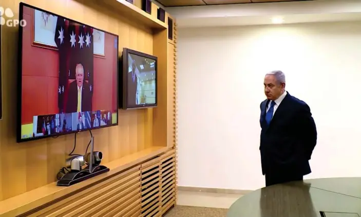  ?? Photograph: Youtube ?? The Israeli prime minister, Benjamin Netanyahu, talks to Scott Morrison during Wednesday’s video conference of ‘first mover’ countries.