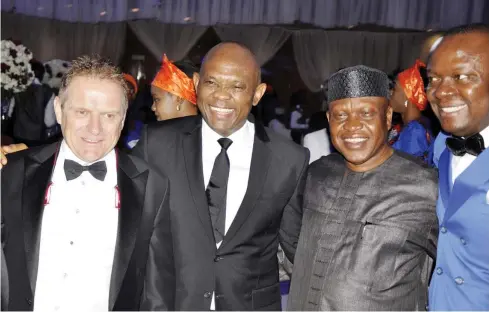  ?? Photo: Felix Onigbinde. ?? From left: President, Middle East/Africa Turkey Hilton, Rudi Jagernsbac­her; Chairman, Transcorp Nigeria PLC, Tony Elumelu, Chairman Transcorp Hotels PLC Olorogun Emerhor Otega and Managing Director Transcorp Hilton Hotel, Valentine Ozigbo during the...