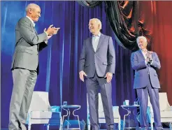  ?? ?? DEM GUYS: President Biden flanked by former Presidents Barack Obama and Bill Clinton on Thursday at Radio City Music Hall.