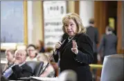  ?? DEBORAH CANNON / AMERICAN-STATESMAN ?? State Sen. Jane Nelson, R-Flower Mound, introduced and amended HB 1449 on Thursday. She called linkage fees “essentiall­y a tax on a new developmen­t to subsidize lowincome housing.”