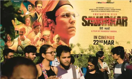  ?? RAJANISH KAKADE/AP ?? A poster advertises the movie “Swatantra Veer Savarkar” on Thursday in Mumbai, India. The film is a biopic of Gandhi’s ideologica­l nemesis.