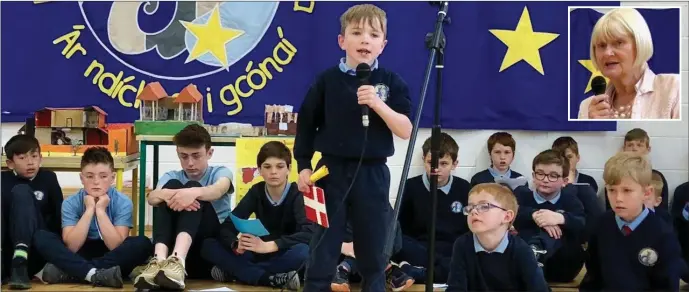  ??  ?? Conor Sherry speaking at the European day in Donacarney Boys NS. Inset, Marian Harkin MEP addresses the class.