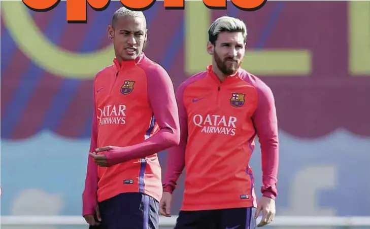  ?? —AP ?? SANT JOAN DESPI: FC Barcelona’s Lionel Messi, right, and Neymar attend a training session at the Sports Center FC Barcelona Joan Gamper.