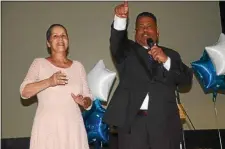  ?? TRENTONIAN FILE PHOTO ?? Paul Perez, with his wife Janet, gives his concession speech after the 2018 runoff election.