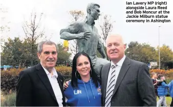  ??  ?? Ian Lavery MP (right) alongside Laura Reed and Bob Moncur at the Jackie Milburn statue ceremony in Ashington