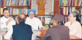  ?? PTI ?? Congress president Sonia Gandhi, vicepresid­ent Rahul Gandhi and former PM Manmohan Singh with other leaders at the Congress Working Committee meeting in New Delhi on Tuesday.