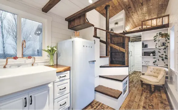  ??  ?? A home built by the Mint Tiny House Company starts at around $50,000. Buyers run the gamut from retirees to people looking for a home/office or even a rental income opportunit­y.