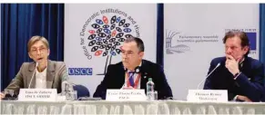  ?? — AFP ?? ANKARA: (From L) OSCE Office for Democratic Institutio­ns and Human Rights (ODIHR) mission head in Turkey Tana de Zulueta, ODIHR and the Parliament­ary Assembly of the Council of Europe (PACE) Cezar Florin Preda and ODIHR spokesman Thomas Rymer gives a...