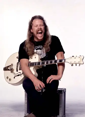  ??  ?? Hetfield with a Gretsch White Falcon in 1991; “There was the White Falcon, the Tele… [Producer] Bob [Rock] just opened up those gates and helped make us feel it was okay to do that,” Hetfield says