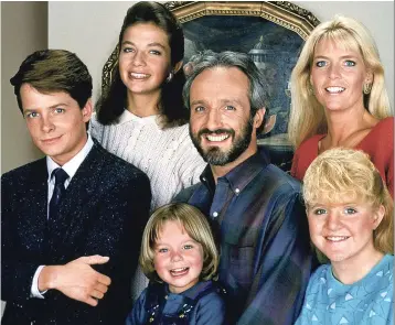  ?? Love Letters ?? A late-series photo of the Family Ties cast, clockwise from left: Michael J. Fox, Justine Bateman, Michael Gross, Meredith Baxter, Tina Yothers, Brian Bonsall; opposite page, top, excerpt from A.R. Gurney’s