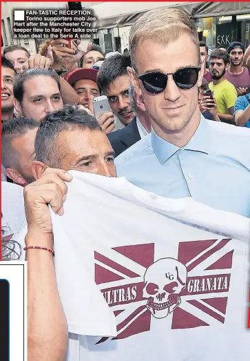  ??  ?? FAN-TASTIC RECEPTION: Torino supporters mob Joe Hart after the Manchester City keeper flew to Italy for talks over a loan deal to the Serie A side