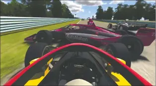  ?? IRACING INDYCAR VIA AP ?? In this image taken from a video provided by iRacing IndyCar, IndyCar driver Kyle Kirkwood, foreground, collides with Alexander Rossi (27) during the early running of the American Red Cross Grand Prix virtual IndyCar auto race at Watkins Glen Internatio­nal, Saturday.