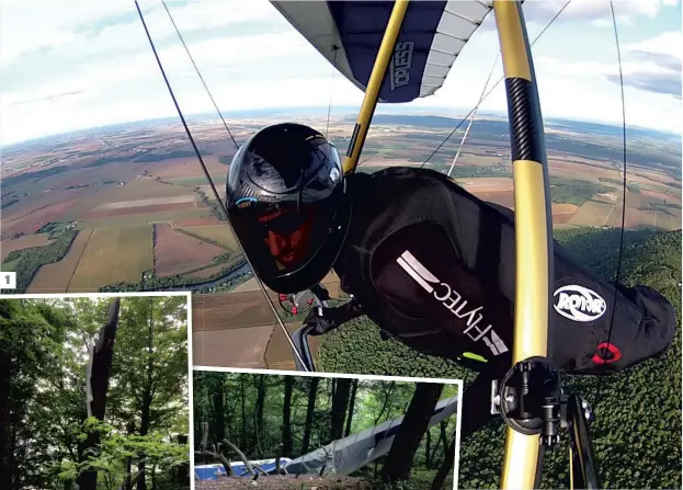  ?? PHOTOS COURTOISIE ?? 1. Stéphane Delisle est un adepte du deltaplane depuis 2004. 2. Dans sa chute, le pilote a frappé cet arbre au mont Yamaska. 3. On voit les restes de son appareil, qui est une perte totale.