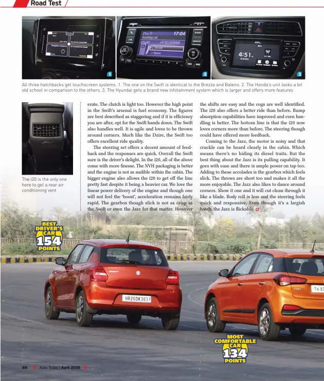  ??  ?? All three hatchbacks get touchscree­n systems. 1. The one on the Swift is identical to the Brezza and Baleno. 2. The Honda’s unit looks a bit old school in comparison to the others. 3. The Hyundai gets a brand new infotainme­nt system which is larger and...