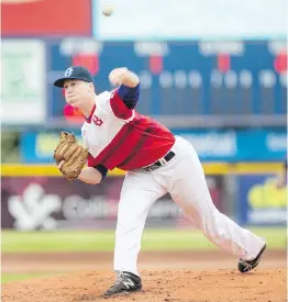  ?? DARREN STONE, TIMES COLONIST ?? HarbourCat­s starter Ethan Fox unloads against the Pippins on Thursday at Wilson’s Group Stadium.