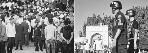  ??  ?? (Left) A policeman standing guard as Muslims arrive for the Eid al-Fitr morning prayer at the Id Kah Mosque in Kashgar. • (Right) Police patrolling as Muslims leave the Id Kah Mosque after morning prayers.