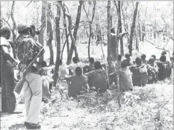  ??  ?? Freedom fighters conduct a revolution­ary community meeting, popularly known as “pungwe”, at the height of the liberation struggle. According to the late author, Chenjerai Hove: “The fighters always had something to say. When they had nothing to say, they had something to sing. When they had nothing to sing, they had something to dance”