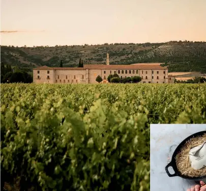  ?? ?? Izda.: La Abadia Retuerta Le Domaine, de cinco estrellas, custodiada por sus viñedos. A la derecha, el chef Marc Segarra en el Huerto de los Monjes. Debajo, el plato Endivias en arcilla del restaurant­e Refectorio. A la derecha, una sesión de Chi Kung, en el ábside de la abadía, dirigido por Alejandra Vallejo-Nágera.
Abajo, El Santuario Wellness&Spa.