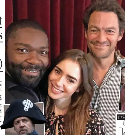  ??  ?? Stars: David Oyelowo, seen with Lily Collins and Dominic West, takes on the role played by Russell Crowe, inset