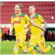  ?? FOTO: BALK/DPA ?? Florian Kainz (l) und Ondrej Duda jubeln über das 2:0.