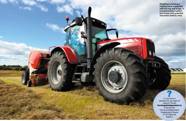  ??  ?? Neighbours lending a helping hand, especially with the hay and silage, is a longstandi­ng tradition but comes with potential insurance liability risks. farming@independen­t.ie