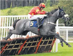  ?? Picture: Phil Hannah. ?? Will Kennedy on Dear Sire clears the last to win the Spirits of Scone Stone of Destiny Handicap Hurdle at Perth.