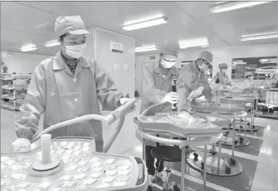  ?? PROVIDED TO CHINA DAILY ?? Workers at Mindray’s Nanjing unit test bulbs for surgery theaters of hospitals.