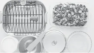  ?? Sarah Crowder / Associated Press ?? Must-have tools include, from left: a roasting pan with rack, baster, instant thermomete­r, glass baking dish, glass pie plate, casserole pot, mixing bowl, chef ’s knife and storage containers.