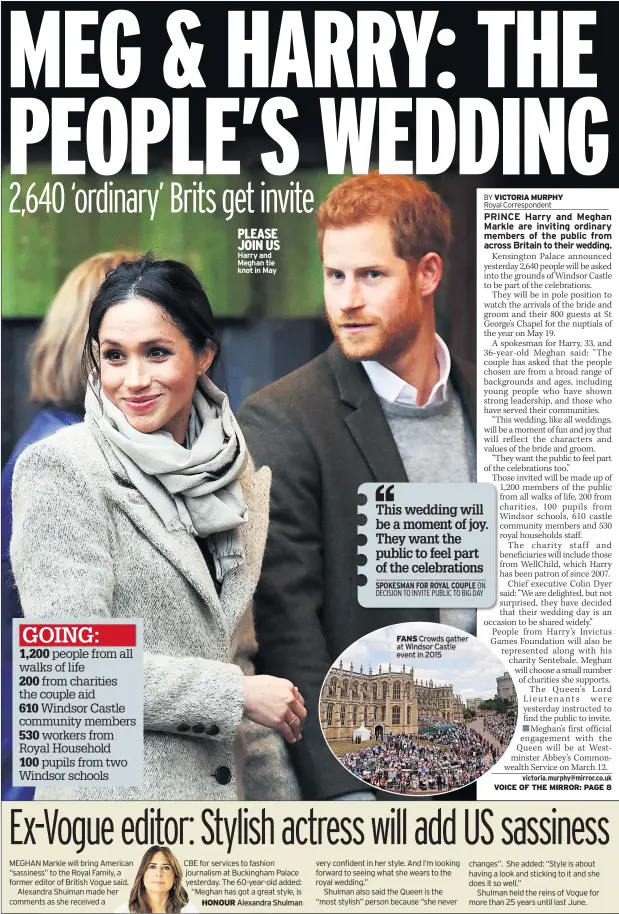  ??  ?? PLEASE JOIN US Harry and Meghan tie knot in May FANS Crowds gather at Windsor Castle event in 2015