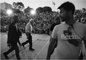  ?? AP PHOTO/DAMIAN DOVARGANES ?? in this July 26 file photo, democratic presidenti­al candidate sen. Bernie sanders, i-Vt., leaves a rally at santa monica High school memorial Greek Amphitheat­er in santa monica, Calif.