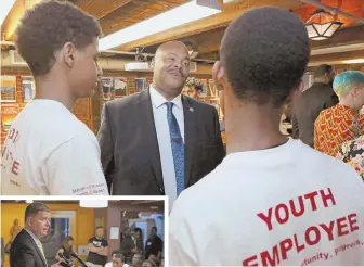  ?? STAFF PHOTOS BY ANGELA ROWLINGS ?? GOOD JOB: Police Commission­er William G. Gross, above, and Mayor Martin J. Walsh, left, speak yesterday at an event honoring youths in the YOU Boston summer jobs program.