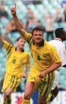  ?? Photograph: The Sydney Morning Herald/Fairfax Media/ Getty Images ?? Graham Arnold scoring for Australia in 1995. The Australia head coach faces Argentina again this weekend.