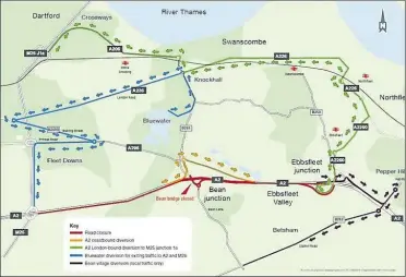  ??  ?? Official diversion routes set up by Highways England ahead of the new bridge being installed over the A2 at Bean in major network upgrade near Bluewater shopping centre