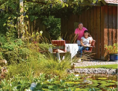 ?? Fotos: Cecilia Weber ?? Erwin und Siglinde Ballis genießen die Ruhe im hinteren Garten. Beide sitzen gerne unter dem geschützte­n Bereich und beobachten ihre Goldfische und die Frösche, die in ihren Teich zum Baden kommen.
