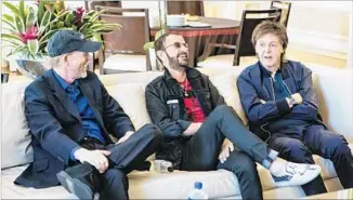 ?? MJ Kim ?? DOCUMENTAR­Y director Ron Howard, left, chats with Starr and Paul McCartney about “Eight Days a Week: The Touring Years,” which uses footage gathered from the band’s early concert days.