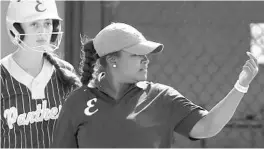  ?? STEPHEN M. DOWELL/ORLANDO SENTINEL ?? Eustis softball coach Brittany Beall, pictured alongside Arianna Spinnichia during the Class 4A state championsh­ip game last month in Clermont, is a Florida Dairy Farmers coach-of-the-year finalist after leading the Panthers to a 27-1 season.