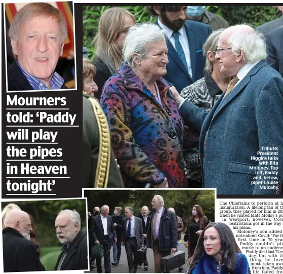  ?? ?? Tribute: President Higgins talks with Rita Moloney. Top left, Paddy and, below, piper Louise Mulcahy