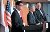  ?? KIM HONG-JI/EPA ?? Mike Pompeo, right, works to assuage the fears of South Korean Foreign Minister Kang Kyung-wha, center, and Japan’s Foreign Minister Taro Kono in Seoul, Korea.