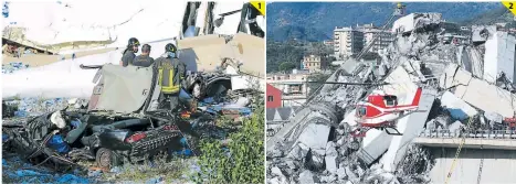  ??  ?? (1) Los cuerpos de rescate llegaron a la zona para sacar a los fallecidos. (2) Vía aérea tuvieron que ser rescatadas las personas que quedaron atrapadas en los escombros de la tragedia. 2