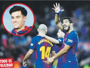  ?? AP / Manu Fernández ?? TODO ES
FELICIDAD
Luis Suárez, con barba, festeja luego de anotar el segundo gol del triunfo del Barcelona ayer. Mientras, en la foto circular, Philippe Coutihno, quien será presentado hoy como el nuevo fichaje del club catalán.