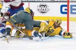  ?? JOHN LOCHER/ASSOCIATES PRESS ?? Vegas Golden Knights goaltender Marc-Andre Fleury lies on the ice after blocking a Colorado Avalanche shot in the third period of their Sunday matchup in Vegas.