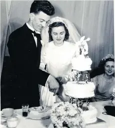  ??  ?? Harold Todd cuts the cake at his wedding to Mary Todd. Years later, Mary said Harold was an intelligen­t, sensitive and kind husband and father before his involuntar­y admission to Riverview Hospital,